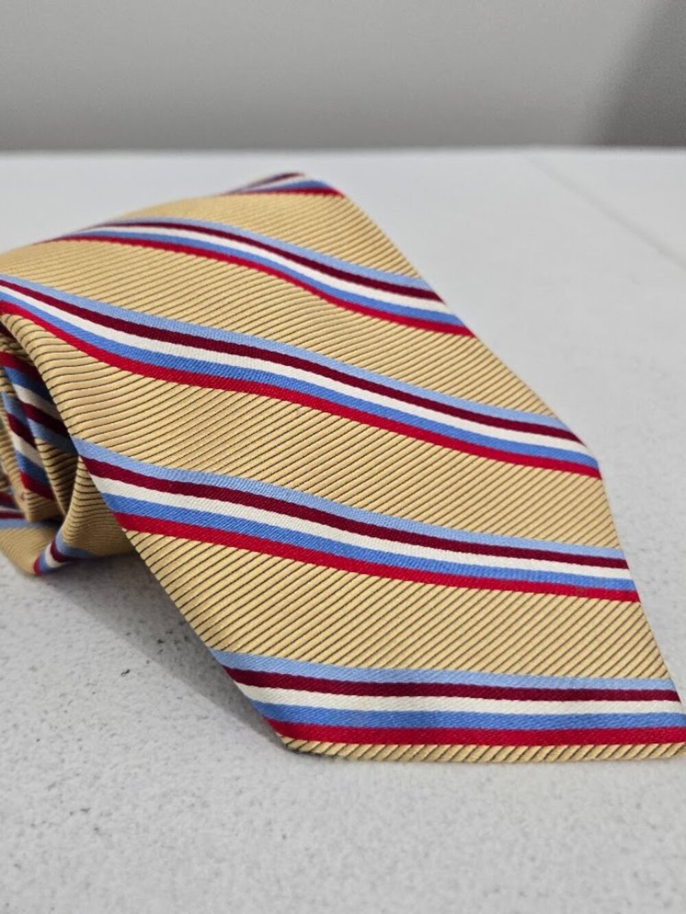 Brooks Brothers Makers Silk Regimental Stripe Tie Yellow Red Blue Made in USA
